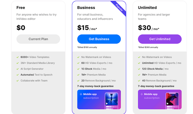 Invideo ai pricing plan